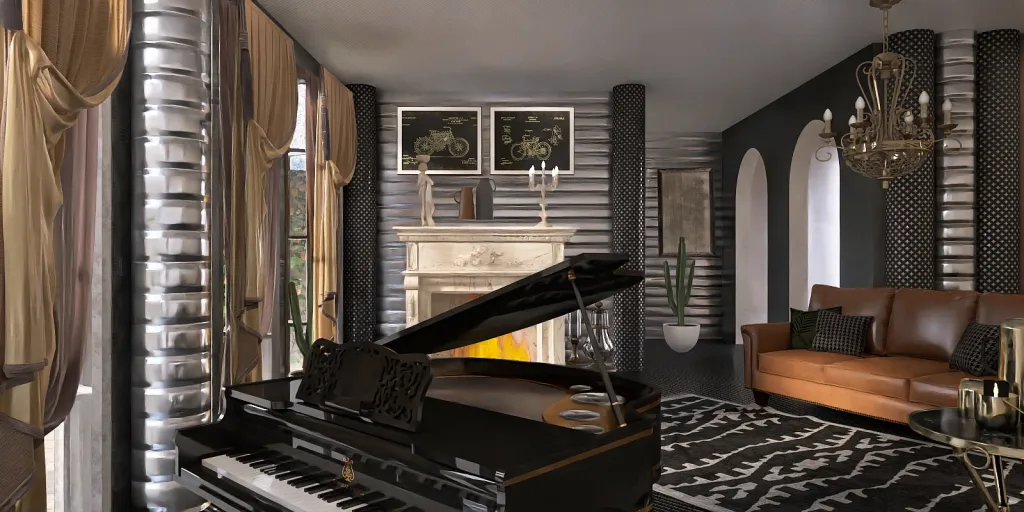 a piano sitting in a room with a piano in the middle 