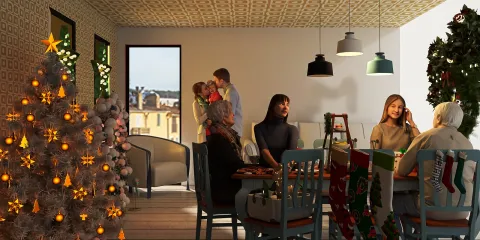 Festive dining room with a Christmas tree and family gathering around the table, showcasing modern holiday decor and ambiance, highlighting Homestyler's 3D rendering feature.