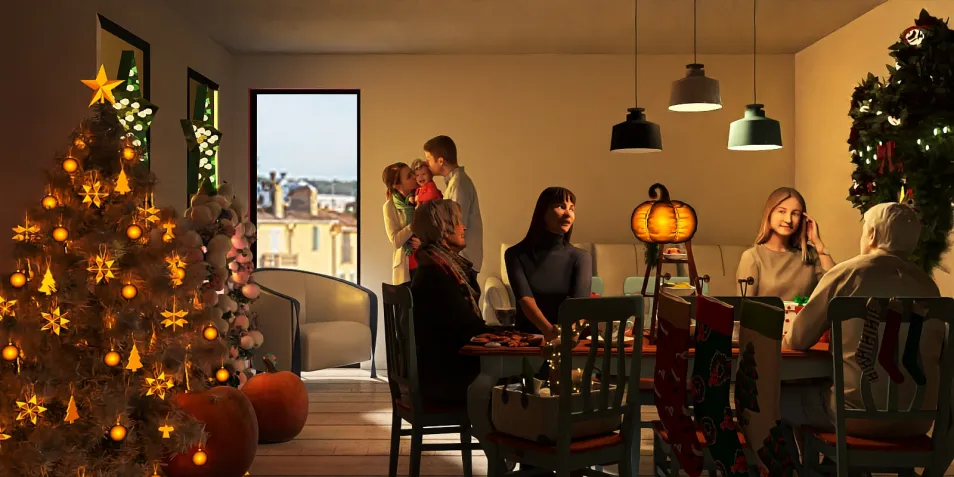 Cozy dining area with festive decorations featuring a Christmas tree and holiday lights, demonstrating modern interior design trends while showcasing Homestyler's realistic 3D rendering feature.