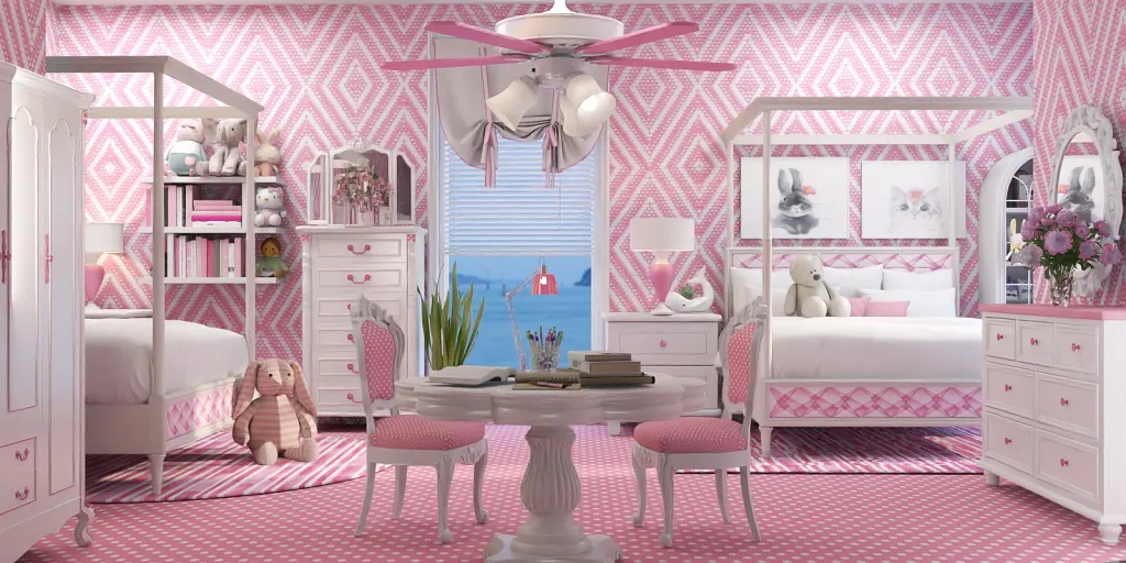 a room with a pink table and a pink chair 
