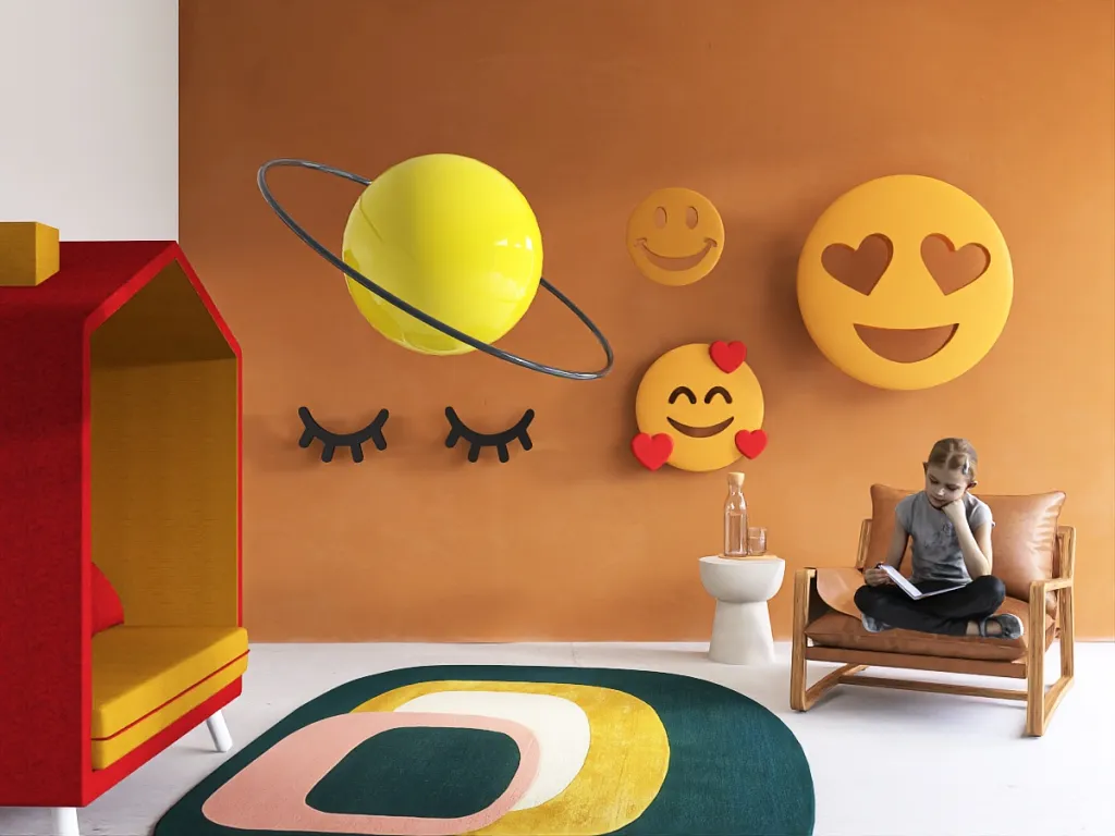 a living room with a cartoon character on the wall 