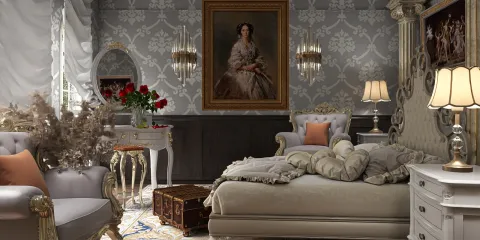 luxurious bedroom design featuring elegant furniture arrangement with vintage style and ornate decor, showcasing Homestyler's real-time 3D rendering for interior design visualization.