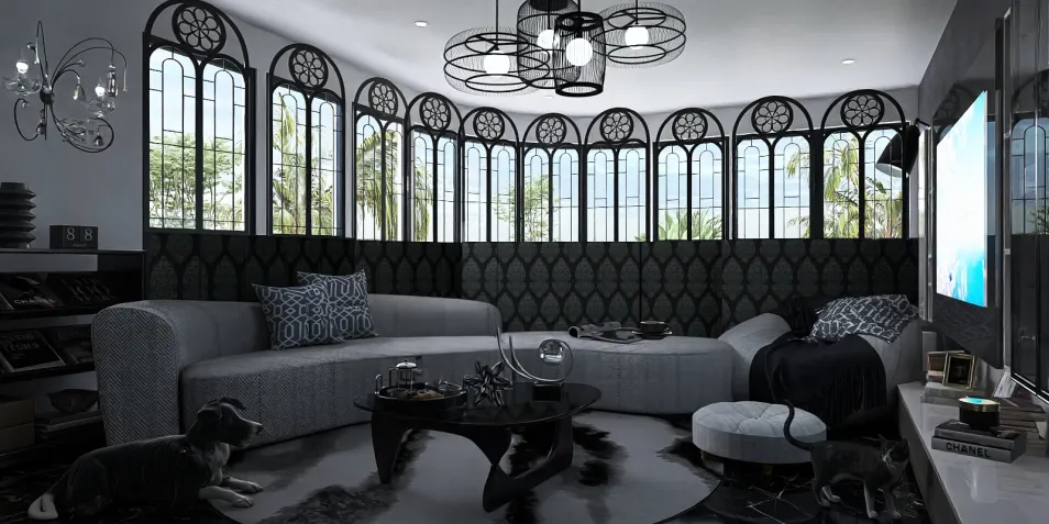 modern living room design featuring a stylish curved sofa and intricate window designs with dark color scheme for an elegant atmosphere, showcasing interior decor options with Homestyler's real-time 3D rendering feature.