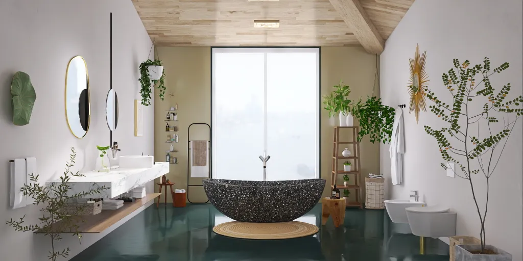 a bathroom with a large tub and a large mirror 