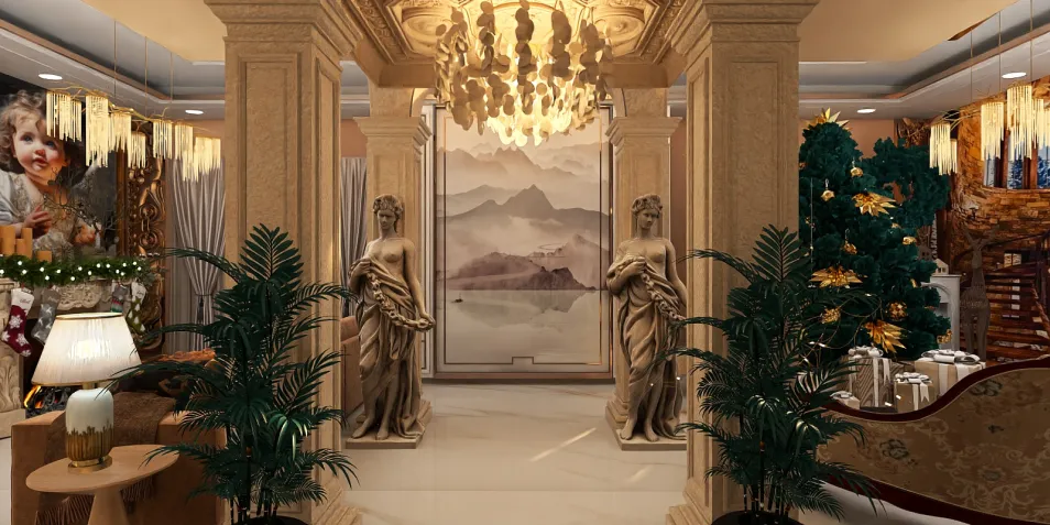 elegant hallway interior featuring marble statues and decorative plants with a luxurious Classical style, showcasing Homestyler's real-time 3D rendering for stunning design previews
