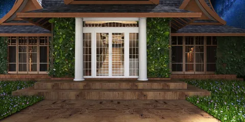 modern exterior design showcasing a well-lit entrance with lush greenery, emphasizing outdoor aesthetics and tranquility, utilizing Homestyler's real-time 3D rendering feature for accurate previews.