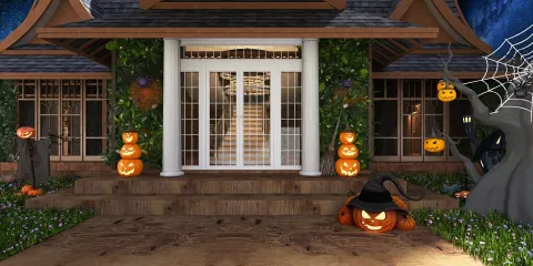 Halloween-themed exterior home design featuring pumpkin decorations and spooky elements, showcasing seasonal decor for festive vibes, utilizing Homestyler's 3D rendering capabilities.
