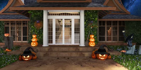 Halloween-themed entrance with carved pumpkins and decorations, showcasing a festive design style for a seasonal outdoor space, highlighting Homestyler's real-time 3D rendering feature.