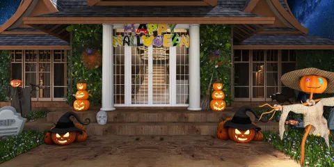 Halloween themed exterior decoration featuring carved pumpkins and spooky elements in a festive style, enhancing curb appeal for seasonal celebrations with Homestyler's real-time 3D rendering functionality.