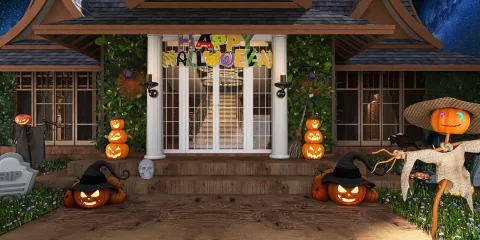 Halloween themed outdoor decoration featuring pumpkins and spooky elements, showcasing a festive atmosphere, enhancing seasonal appeal with Homestyler's real-time 3D rendering feature.