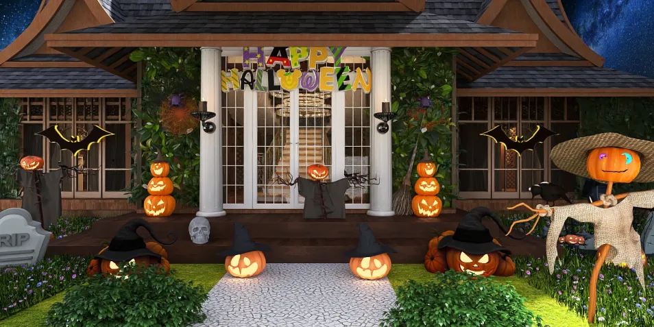 Halloween themed outdoor decoration featuring pumpkins, scarecrows, and gravestones with a spooky atmosphere, designed with 3D rendering for immersive visual effects using Homestyler.