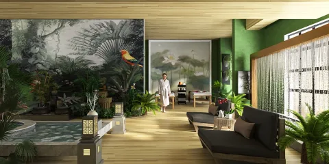 luxurious living room with tropical plants featuring a serene water fountain, showcasing an elegant open layout, designed using Homestyler's real-time 3D rendering feature.