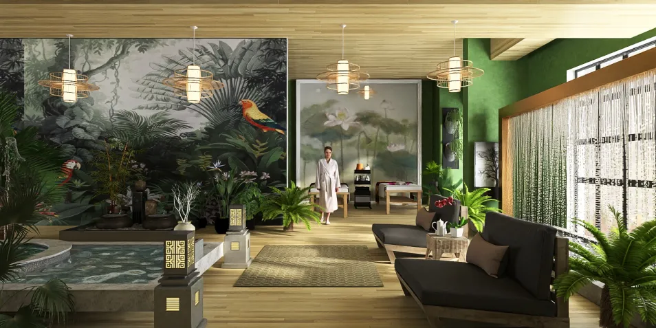 luxurious interior design featuring a spacious living area with natural elements and green decor, showcasing a tropical theme with vibrant wall art, utilizing Homestyler's real-time 3D rendering for a stunning visual experience