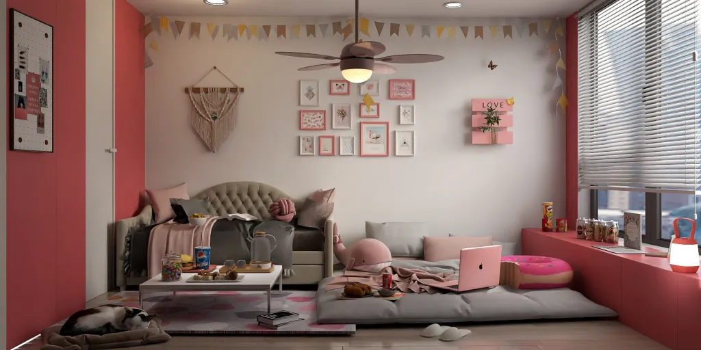 a living room with a couch, chair, and a doll 