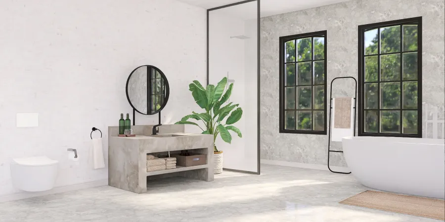 a bathroom with a large mirror and a tub 