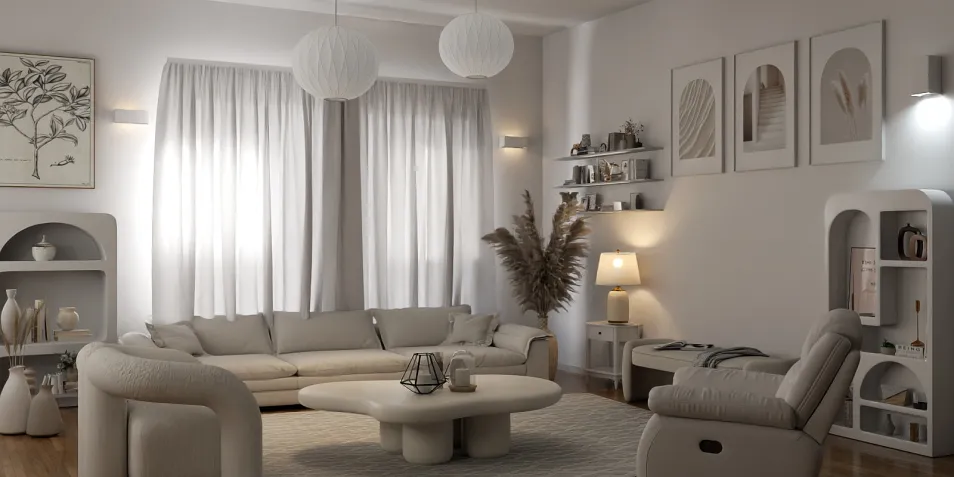 modern living room design featuring a spacious sectional sofa, utilizing smart furniture arrangement for optimal space utilization, minimalist style enhancing interior decor, showcasing Homestyler's real-time 3D rendering capability.
