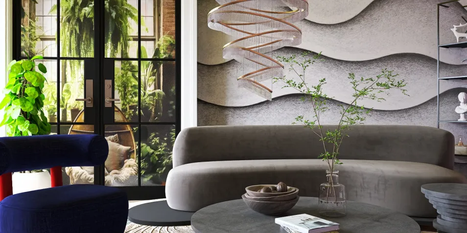 modern living room featuring a curved sofa arranged with stylish decor elements in a contemporary style showcasing interior design using Homestyler's real-time 3D rendering feature