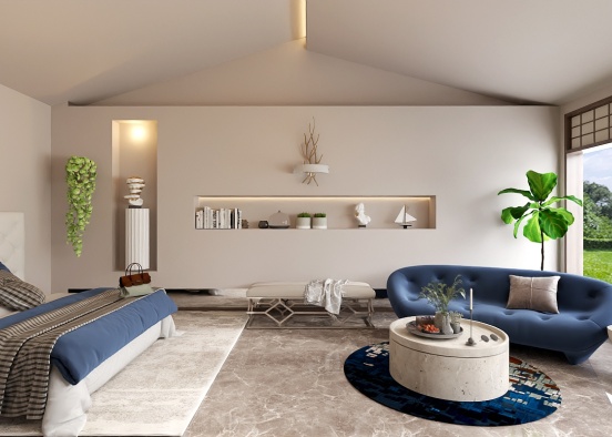 Navy & Beige Cozy Bedroom Design Rendering