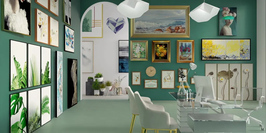 a room with a table, chairs, and a painting on the wall 