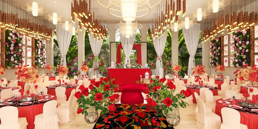 a large room with a large table with red roses 