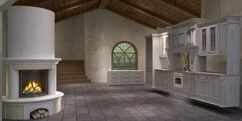 3D kitchen design showcasing an open plan layout with a cozy fireplace and modern cabinetry, enhanced by real-time 3D rendering feature for accurate renovation previews.