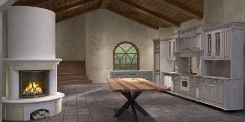 rustic kitchen design featuring a wooden table and white cabinetry with a cozy fireplace, showcasing an open space layout; optimized for interior decor using Homestyler's real-time 3D rendering feature.