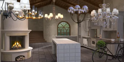 charming kitchen with elegant chandeliers enhancing the cozy atmosphere featuring a fireplace, designed using Homestyler's real-time 3D rendering for a modern rustic style