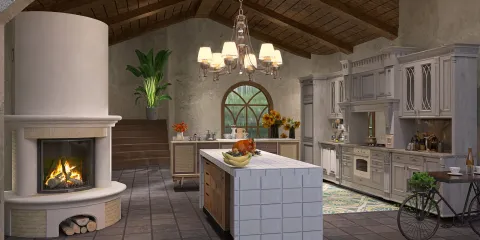 modern kitchen featuring a spacious island with a fruit bowl, complemented by rustic wooden accents and a cozy fireplace, designed using Homestyler's real-time 3D rendering functionality for effective interior decor visualization.