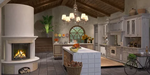 spacious kitchen design featuring a central island and rustic elements, combining modern functionality with a warm, inviting atmosphere; includes interior decor with a farmhouse style and showcases Homestyler's real-time 3D rendering feature.