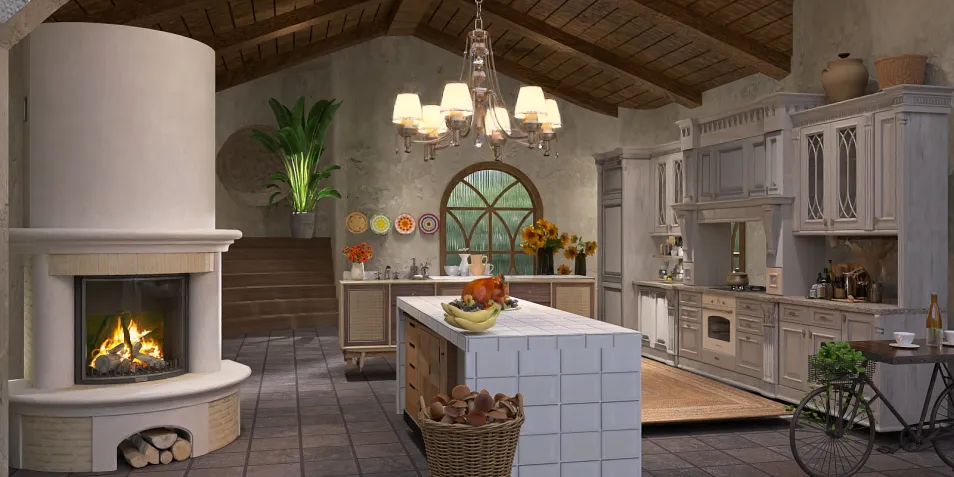 spacious kitchen design featuring a central island and rustic elements, combining modern functionality with a warm, inviting atmosphere; includes interior decor with a farmhouse style and showcases Homestyler's real-time 3D rendering feature.