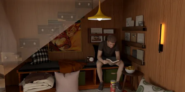 Cozy reading nook under the stairs featuring a man engaged in reading, designed with a modern aesthetic, perfect for maximizing small spaces using Homestyler's smart furniture arrangement.