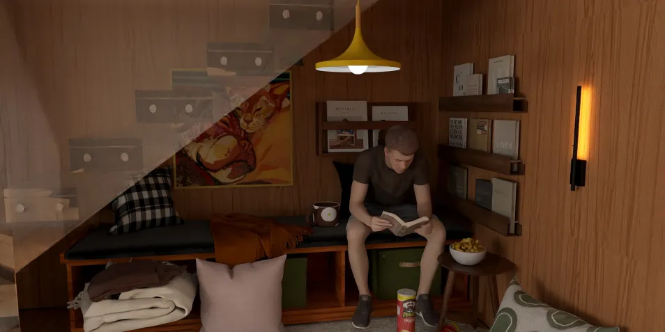 Cozy reading nook under the stairs featuring a man engaged in reading, designed with a modern aesthetic, perfect for maximizing small spaces using Homestyler's smart furniture arrangement.