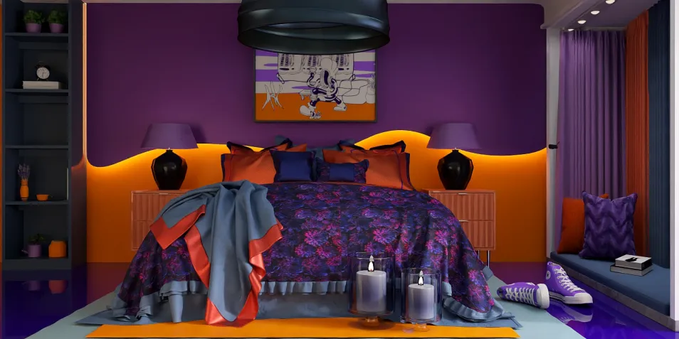 Colorful bedroom design featuring a vibrant purple and orange color scheme, showcasing smart furniture arrangement with Homestyler's real-time 3D rendering feature for an engaging interior decor experience.