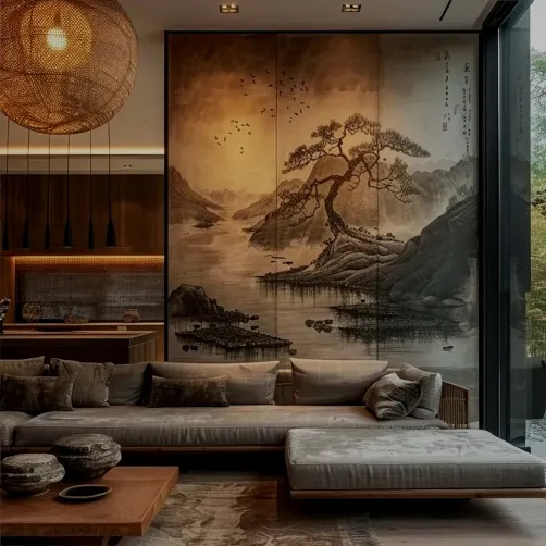 contemporary living room with a large mural depicting a serene landscape, showcasing 3D rendering to visualize design proposals, optimized for interior decor, featuring Homestyler's real-time 3D rendering capability.