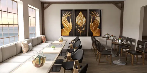 modern restaurant interior featuring elegant seating arrangement and artwork display, showcasing interior decor design with Homestyler's real-time 3D rendering feature.