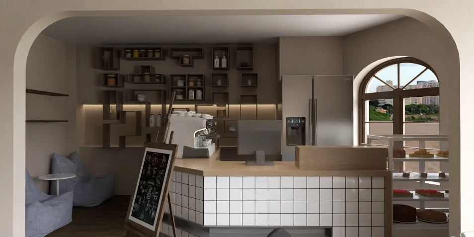 Modern coffee shop interior design featuring a sleek counter and organized shelves, showcasing the latest trends in cafe decor. Utilizing Homestyler's real-time 3D rendering for an accurate pre-visualization of design elements.