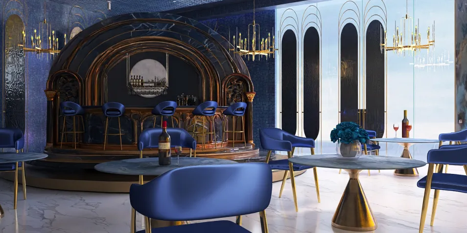luxurious bar area featuring elegant seating arrangement and stylish decor in a modern style, showcasing interior design expertise using Homestyler's real-time 3D rendering feature