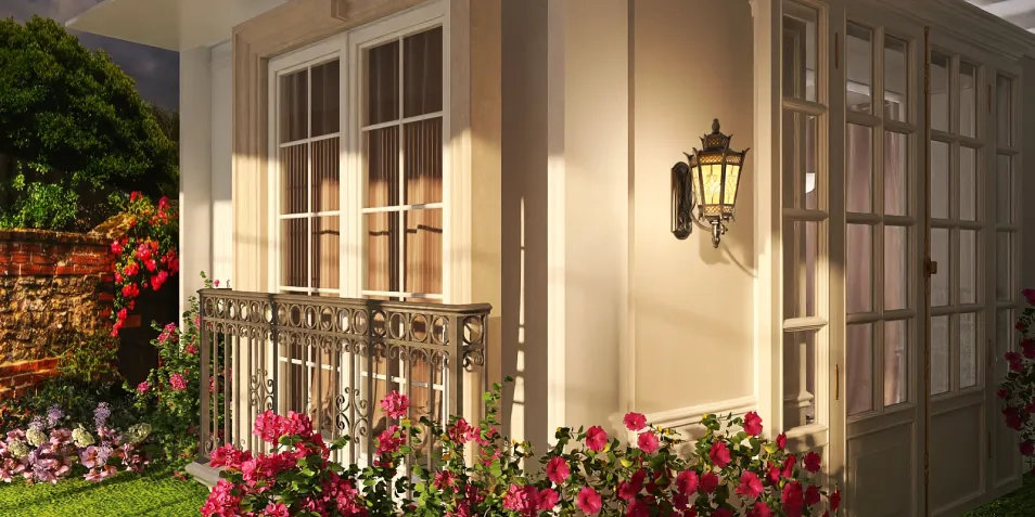 A charming exterior of a house featuring elegant French doors, intricate balcony railing, and vibrant flower beds, showcasing a modern outdoor design aesthetic, utilizing Homestyler's real-time 3D rendering for stunning visual previews.