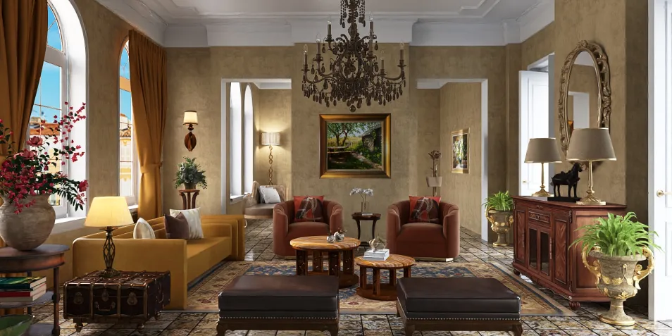 modern living room with elegant furniture arrangement showcasing a warm color palette and classic decor, highlighting the interior design using Homestyler's real-time 3D rendering feature