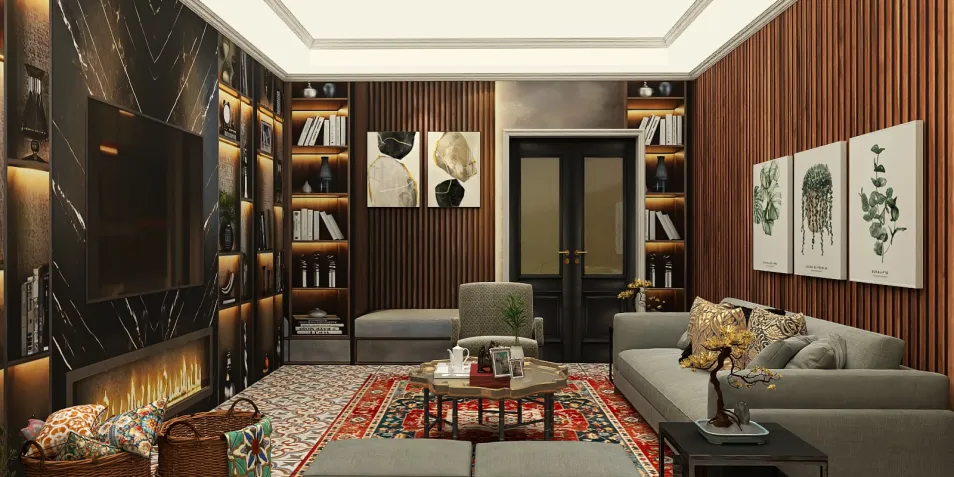 Luxurious living room design featuring a modern layout with elegant furniture arrangement, showcasing a cozy atmosphere with a decorative rug and stylish wall shelves. The image highlights the use of Homestyler's real-time 3D rendering to visualize interior decor.