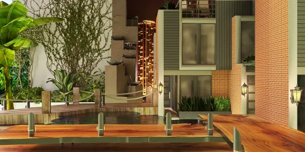 3D architectural design showcasing an outdoor deck with water features and lush greenery, styled in contemporary aesthetics, highlighting Homestyler's real-time 3D rendering capabilities for home outdoor spaces.