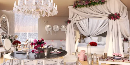 luxurious bedroom with elegant drapery and floral decor, featuring a cozy seating area and dining table, showcasing smart furniture arrangement for optimal space use using Homestyler's interior design capabilities.