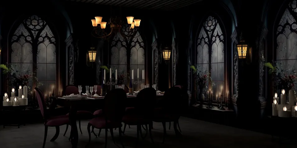 gothic dining room design featuring a dark atmosphere with stained glass windows and elegant furniture, utilizing Homestyler's real-time 3D rendering for a quick design preview.