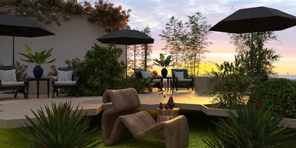 a tranquil outdoor garden seating area featuring stylish lounge chairs and umbrellas, designed with modern aesthetics, perfect for relaxation and social gatherings, showcasing Homestyler's real-time 3D rendering capability.