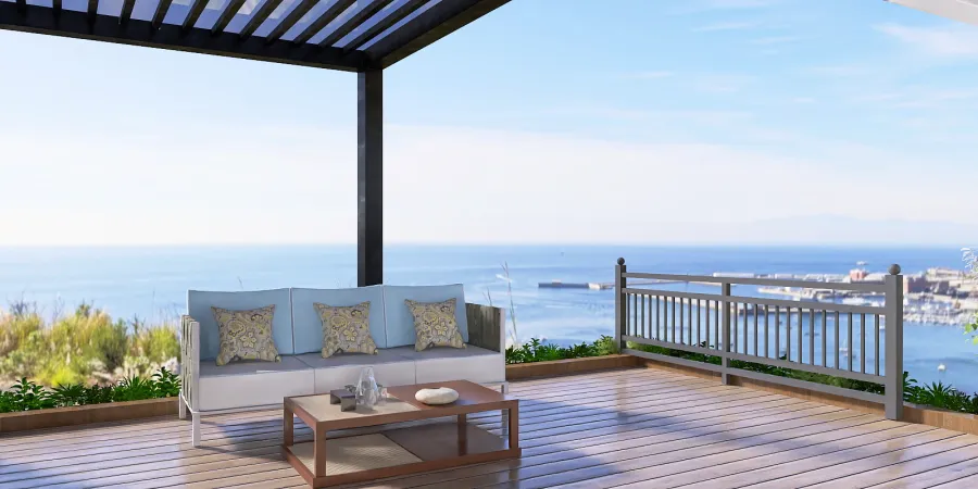 a large room with a balcony overlooking the ocean 