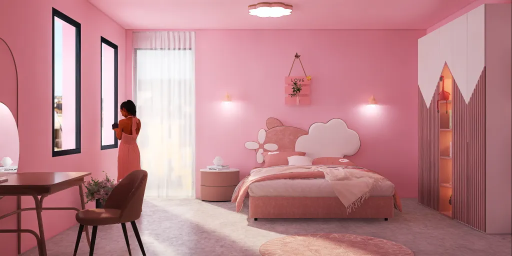a woman standing in a room with a pink bed 