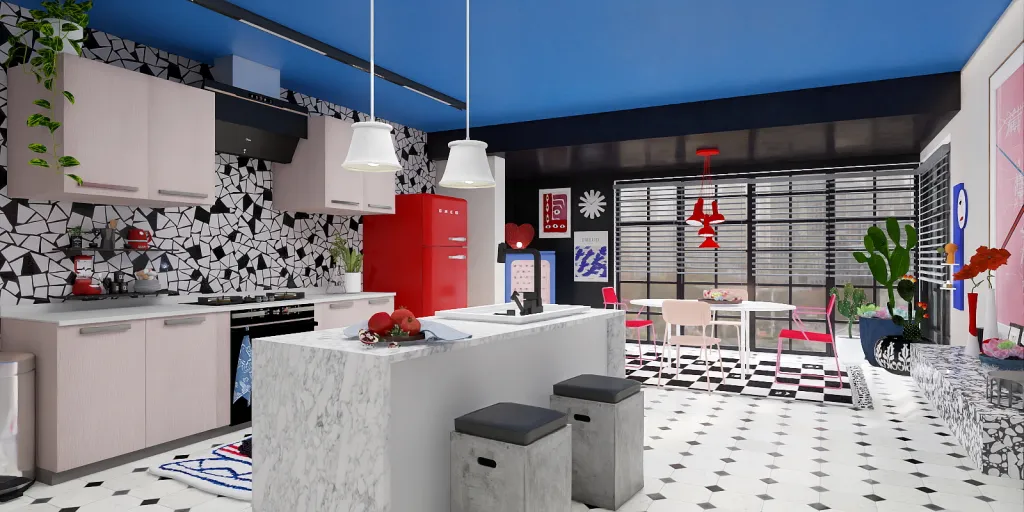 a kitchen with a red and white fire place 