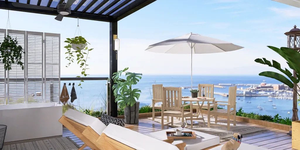 a large open balcony overlooking a beach with a view of the ocean 