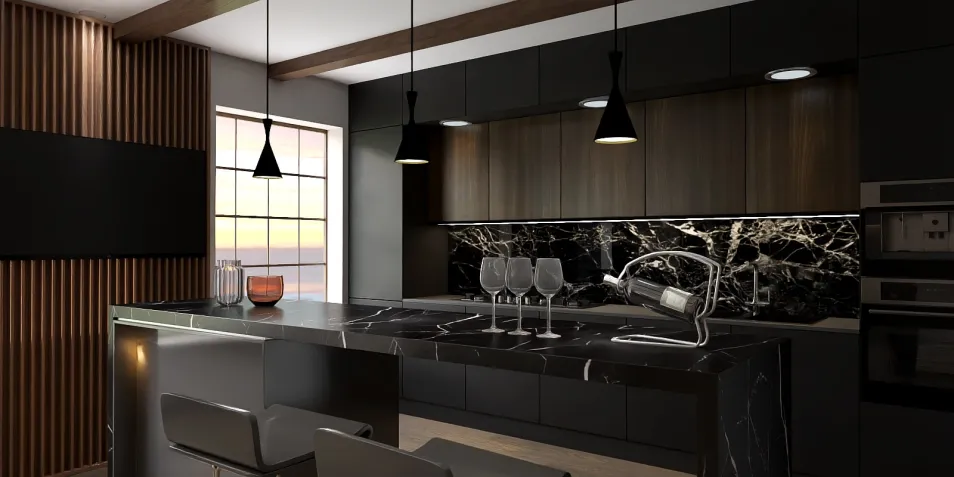 modern kitchen design with sleek cabinetry and dark marble countertops featuring real-time 3D rendering for interior decor visualization