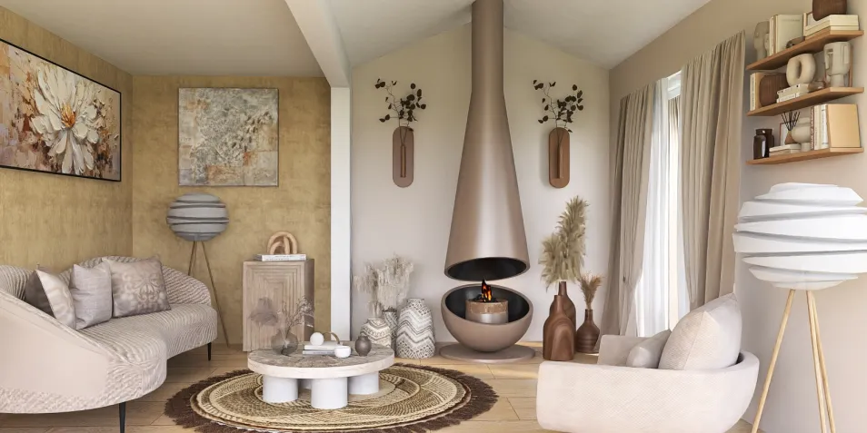 cozy living room with modern decor featuring a stylish fireplace and elegant furniture arrangement in a warm minimalist style, showcasing interior design with Homestyler's real-time 3D rendering feature.